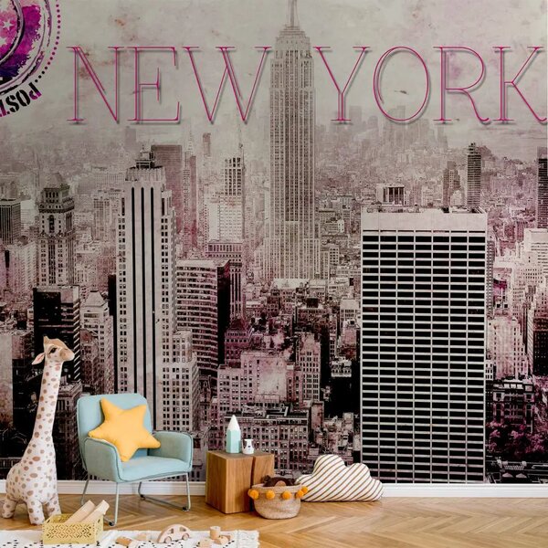 Carta da parati moderna New York rosa - architettura con grattacieli con scritte e timbro