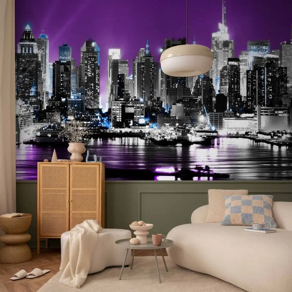 Carta da parati New York porpora - panorama notturno con grattacieli