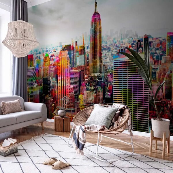 Carta da parati moderna Colori di New York - architettura con grattacieli e accenti colorati