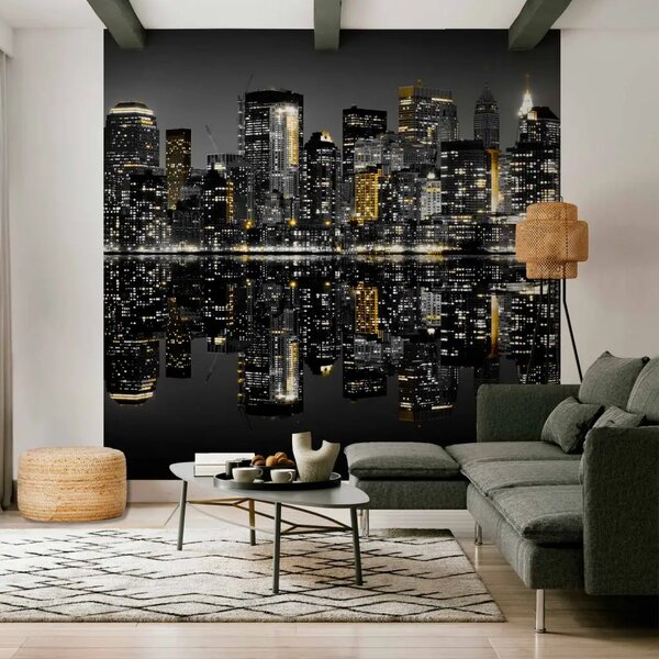Carta da parati New York - panorama urbano con riflesso a specchio e elementi dorati