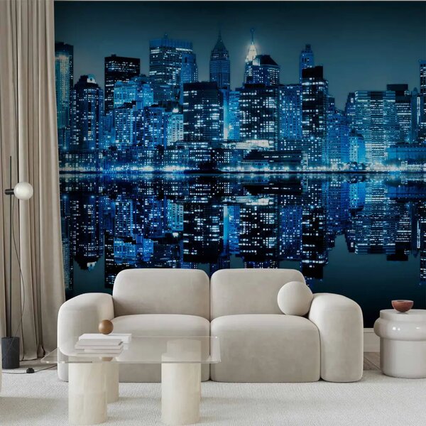 Carta da parati moderna New York di notte - architettura luminosa in tonalità blu