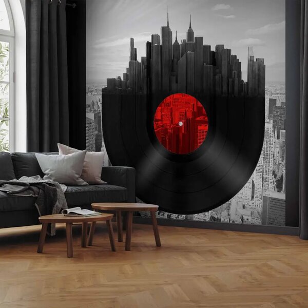 Carta da parati Musica di New York - disco in vinile con sfondo di architettura