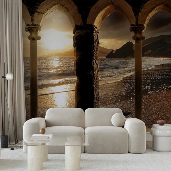 Carta da parati Architettura sul mare - un paesaggio con mare e spiaggia al tramonto