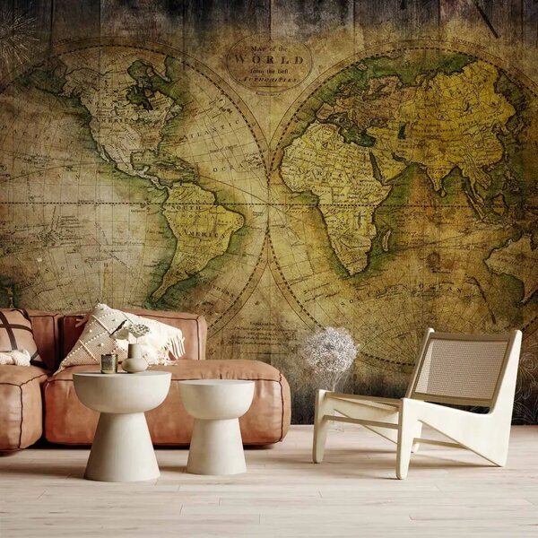 Carta da parati Alla ricerca del vecchio mondo - mappa del mondo in globo su assi marroni