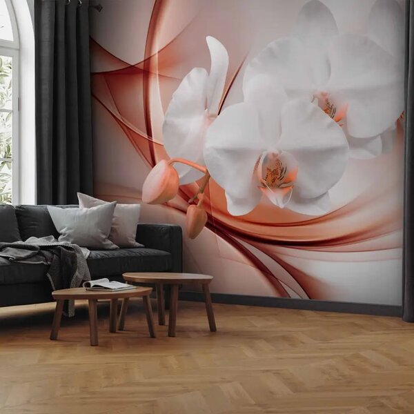 Carta da parati Fiore di orchidea II - delicate piante bianche su sfondo rosa