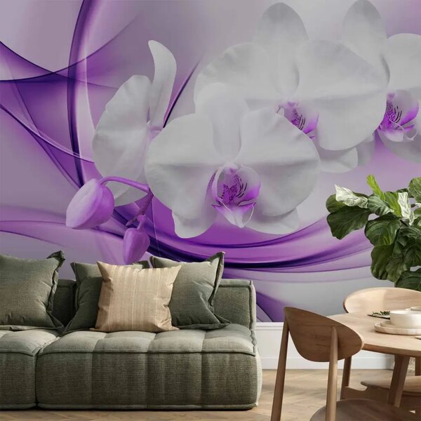 Carta da parati Fiori naturali - orchidea bianca su sfondo con motivo viola