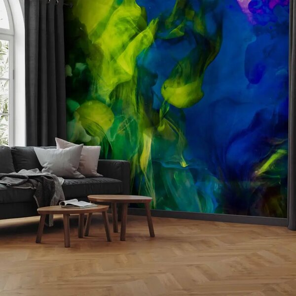 Carta da parati moderna Vapori colorati e fumo II - astrazione modernista del fuoco colorato nei toni del verde e del blu