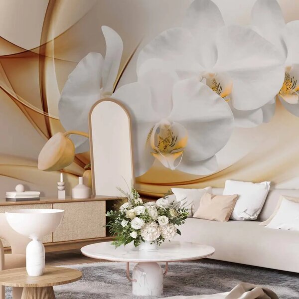 Carta da parati Astratto floreale - orchidea bianca con boccioli su sfondo beige