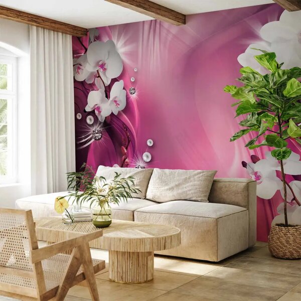 Carta da parati Composizione rosa - orchidee bianche e perle su sfondo rosa