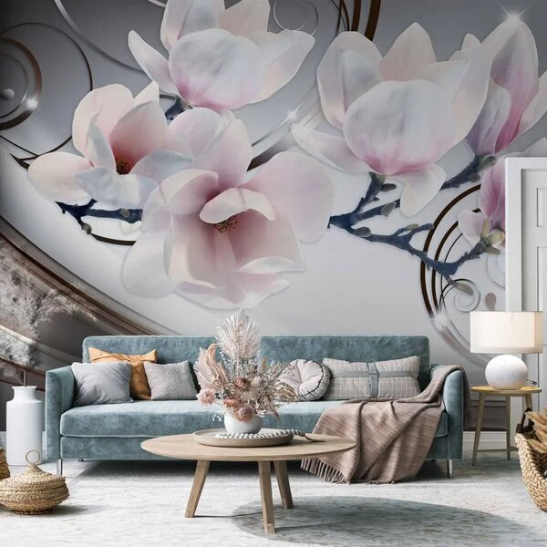 Carta da parati Magnolia bella - fiori bianchi e rosa su sfondo argentato