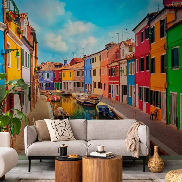 Carta da parati moderna Architettura di Venezia - casette colorate sull'acqua a Burano