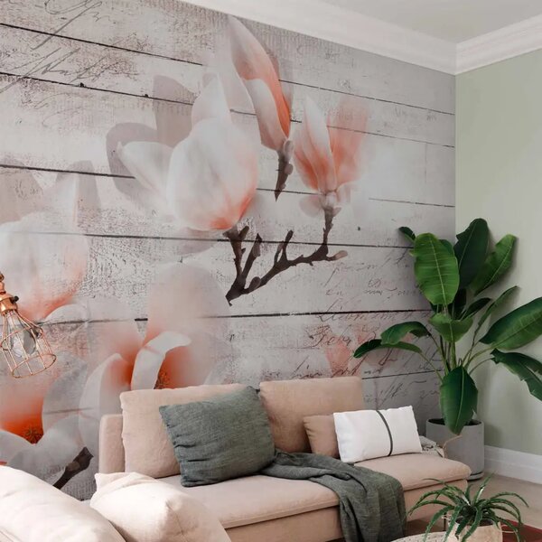 Carta da parati moderna Delicatezza delle magnolie - fiore arancio-bianco su sfondo di assi