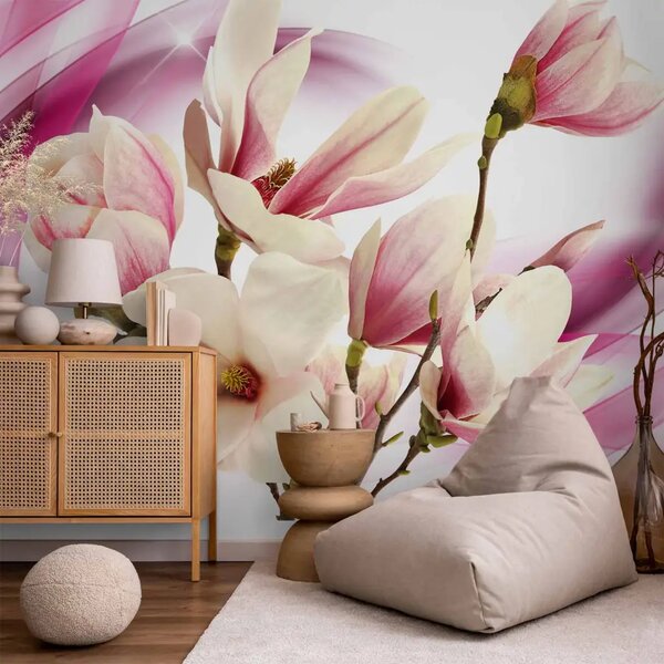 Carta da parati Magnolia in fiore - fiore rosa-bianco su sfondo astratto con onde