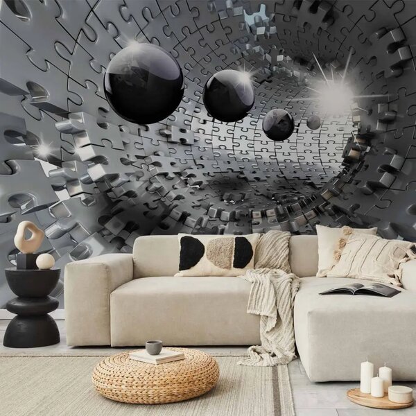 Carta da parati moderna Tunnel puzzle - astrazione con prospettiva ottica di puzzle e sfere nere
