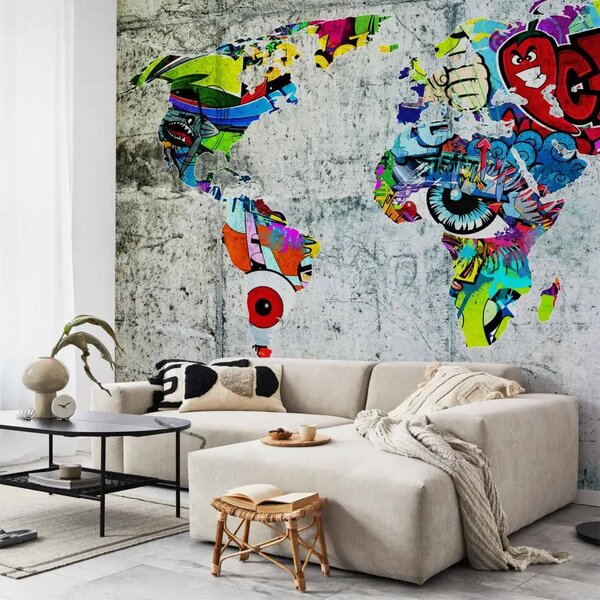 Carta da parati moderna Mappa graffiti - mappa del mondo street art su muro cemento grigio