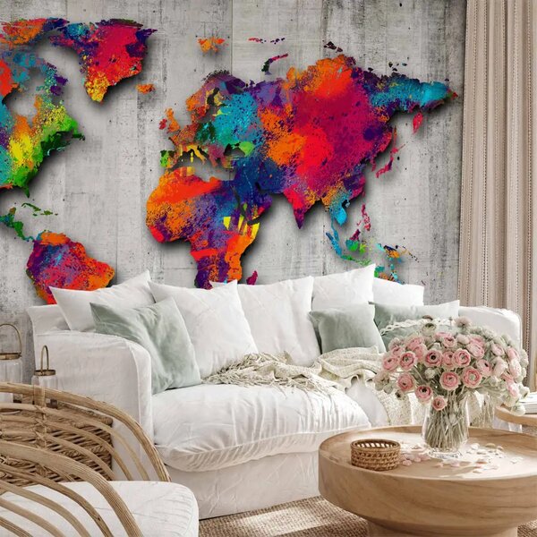 Carta da parati Mondo colorato - mappamondo in stile acquerello su sfondo di cemento