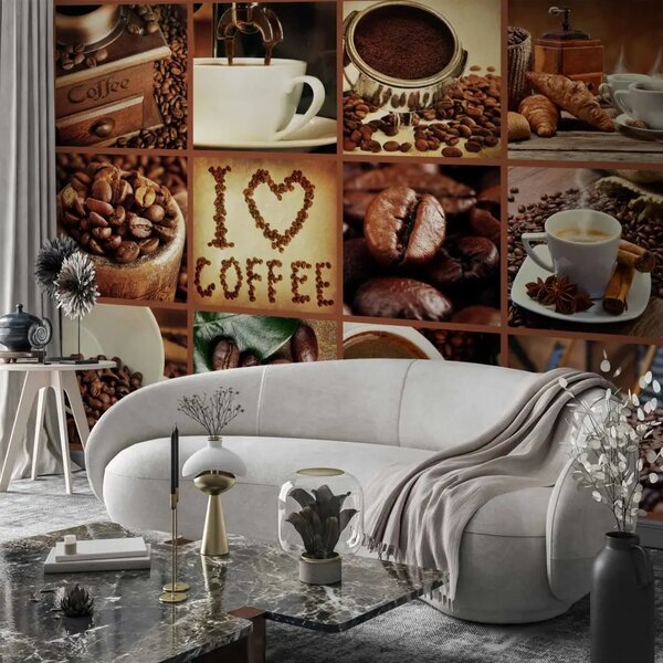 Carta da parati Chicchi del piacere - collage con tazze e chicchi di caffè