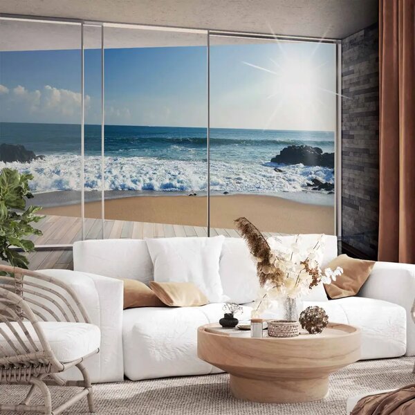 Carta da parati Casa sulla spiaggia - vista dalla finestra su cielo e mare blu