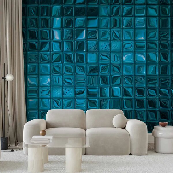 Carta da parati Mosaico azzurro - composizione uniforme 3D di quadrati sfavillanti