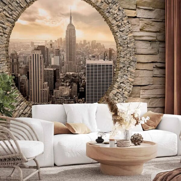 Carta da parati moderna Città nascosta - panorama di New York con grattacieli su muro in pietra