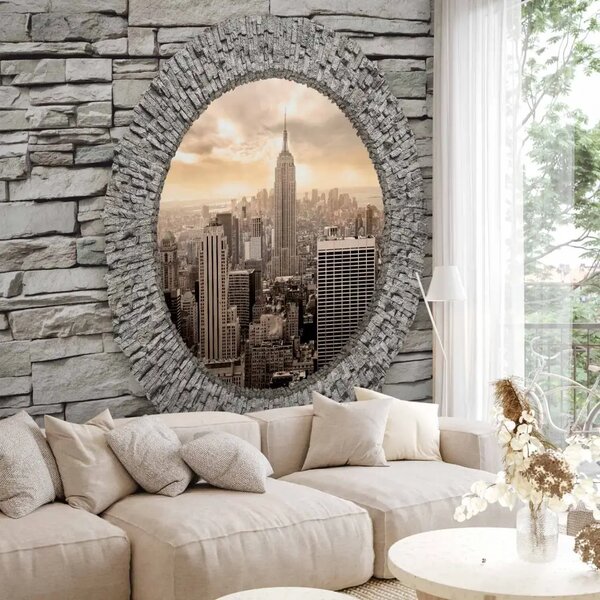 Carta da parati Finestra segreta - panorama di New York con grattacieli visto da finestra in muro di pietra