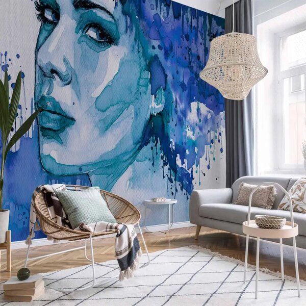 Carta da parati Dama azzurra - acquerello volto donna su sfondo blu