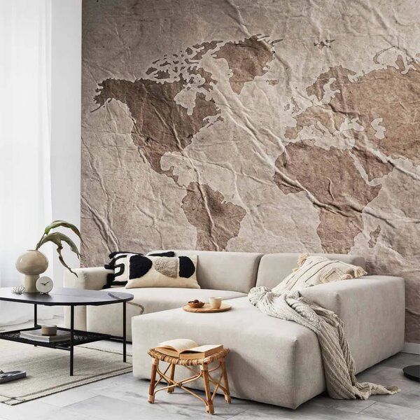 Carta da parati moderna Viaggi di carta - mappa del mondo grigia su sfondo di carta vecchia