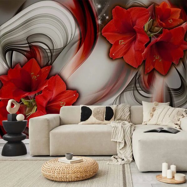 Carta da parati Amaryllis rossi - fiori su sfondo astratto con disegni ondulati