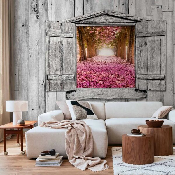 Carta da parati moderna Portale magico - vista da una finestra su paesaggio forestale e fiori su sfondo di parete in legno