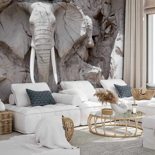 Carta da parati Time Bridge (Sud Africa) - Paesaggio africano con una scultura di elefante in pietra su uno sfondo nei toni dell'arenaria e del bianco