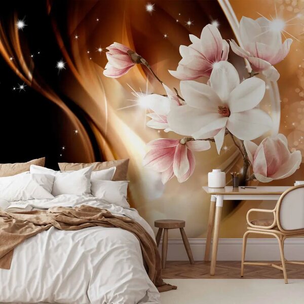 Carta da parati moderna Magnolie sui rami - astrazione con fiori su sfondo glamour