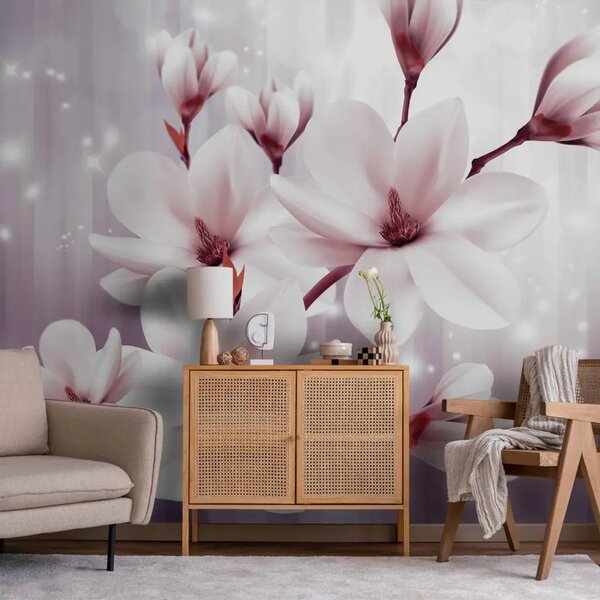 Carta da parati Magnolie rosa - fiori su sfondo viola con strisce e luci