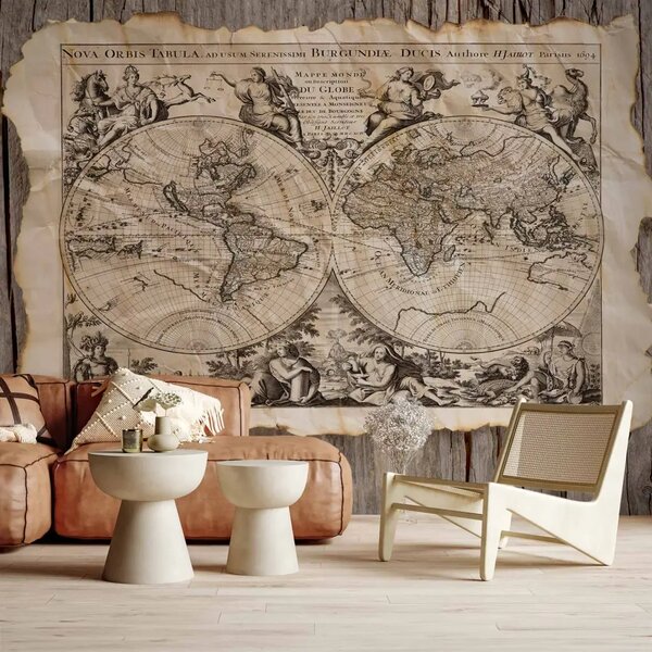 Carta da parati moderna Nova Orbis Tabula - mappa retrò del mondo con figure