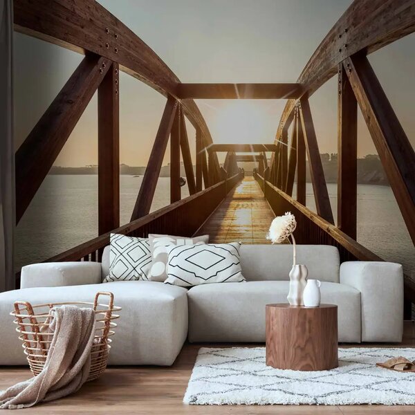 Carta da parati moderna Architettura della città - ponte di legno sopra un fiume sotto il sole
