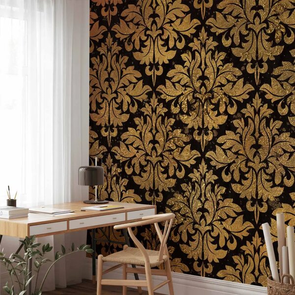 Carta da parati Barocco dorato - sfondo nero con ornamenti regolari nei colori oro