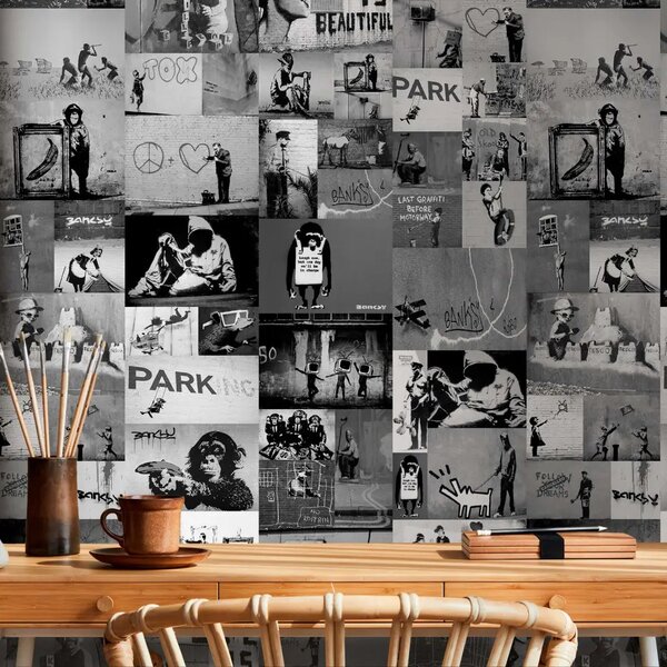 Carta da parati design Banksy - collage grigio
