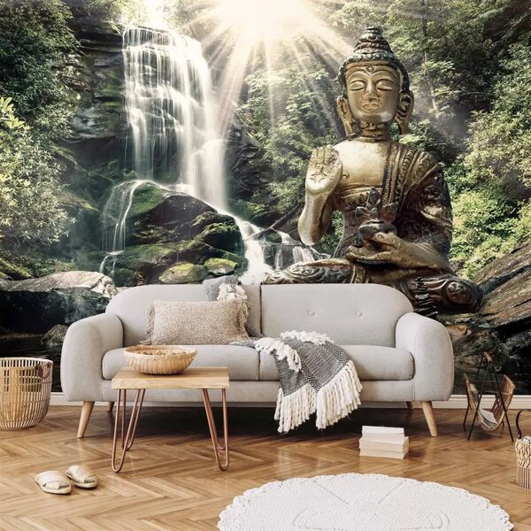 Carta da parati Cascata asiatica - Paesaggio orientale con una grande figura di Buddha