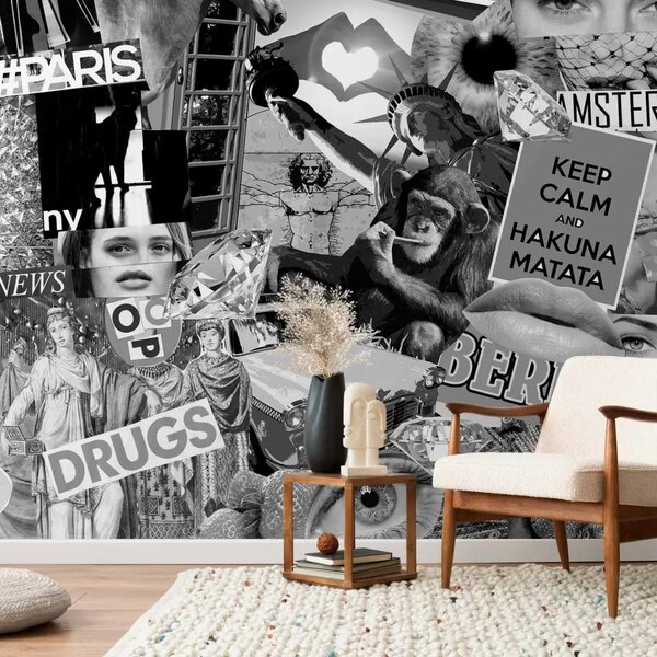 Carta da parati moderna Street art - collage in bianco e nero con scritte in inglese e figure