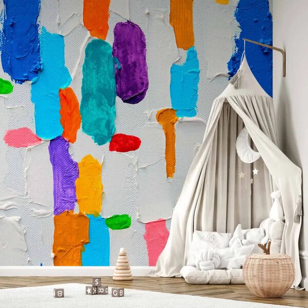 Carta da parati moderna Espressione colorata - Disegno in forme colorate su sfondo bianco
