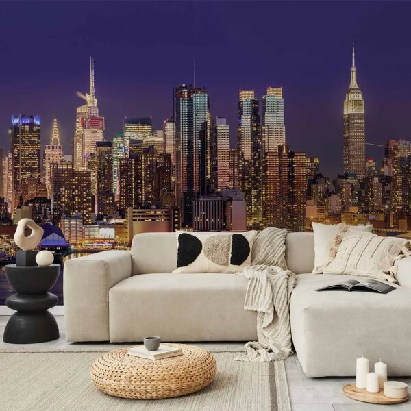 Carta da parati moderna New York e città notturna - architettura di NYC notturna con grattacieli sul fiume