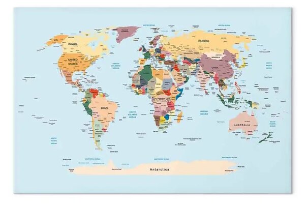 Quadro Mappamondo in una pillola - grafica colorata con nomi di stato e città