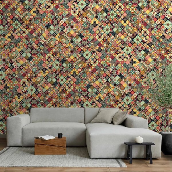 Carta da parati moderna Mosaico arcobaleno - piastrelle orientali colorate con motivi floreali