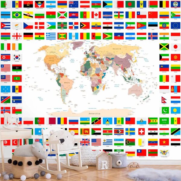 Carta da parati Studio di geografia - Mappamondo con bandiere degli stati in inglese