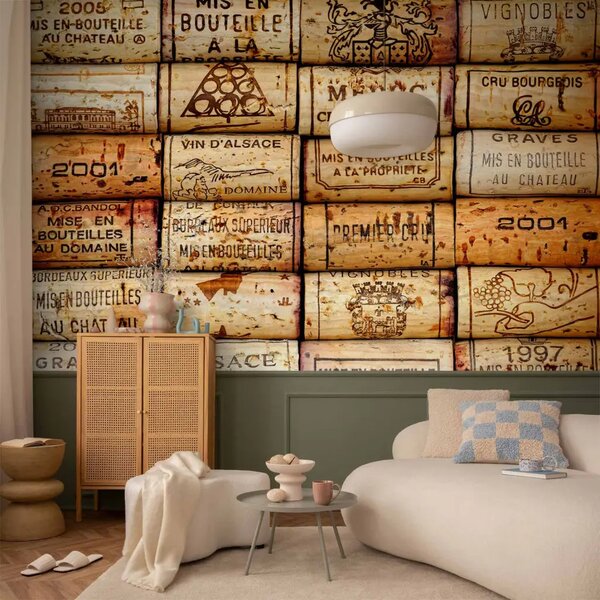 Carta da parati Motivo shabby chic - tappi di vino con scritte in francese