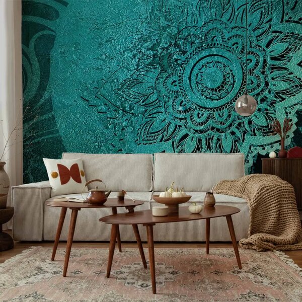 Carta da parati moderna Celeste orientale - blu, asiatico, motivo floreale