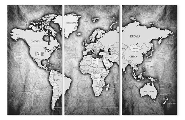 Quadro moderno Mappa del mondo: trittico in platino