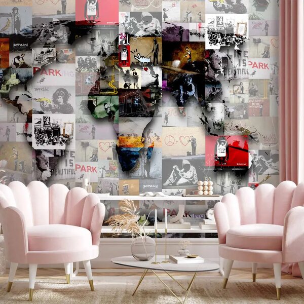 Carta da parati moderna Street art e Banksy - mappamondo collage composto da murales