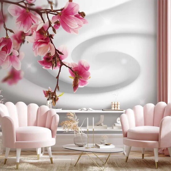 Carta da parati moderna Magnolia in fiore - composizione rosa di fiori con effetto di vortice