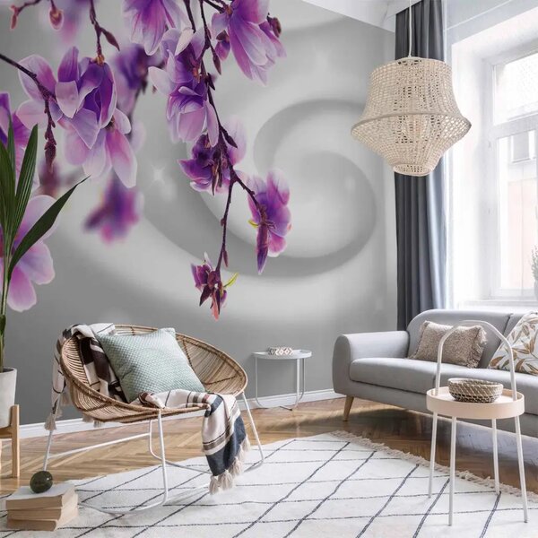 Carta da parati Magnolia ametista - fiori viola con effetto di vortice e luce