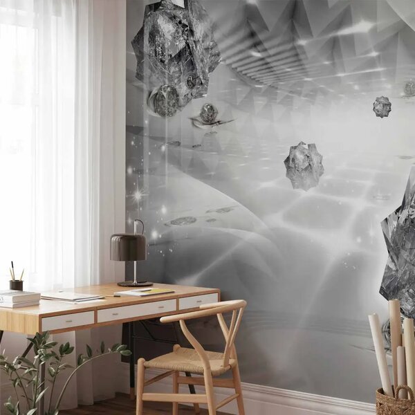 Carta da parati moderna Grigio astratto - moderno corridoio con effetto 3D e diamanti